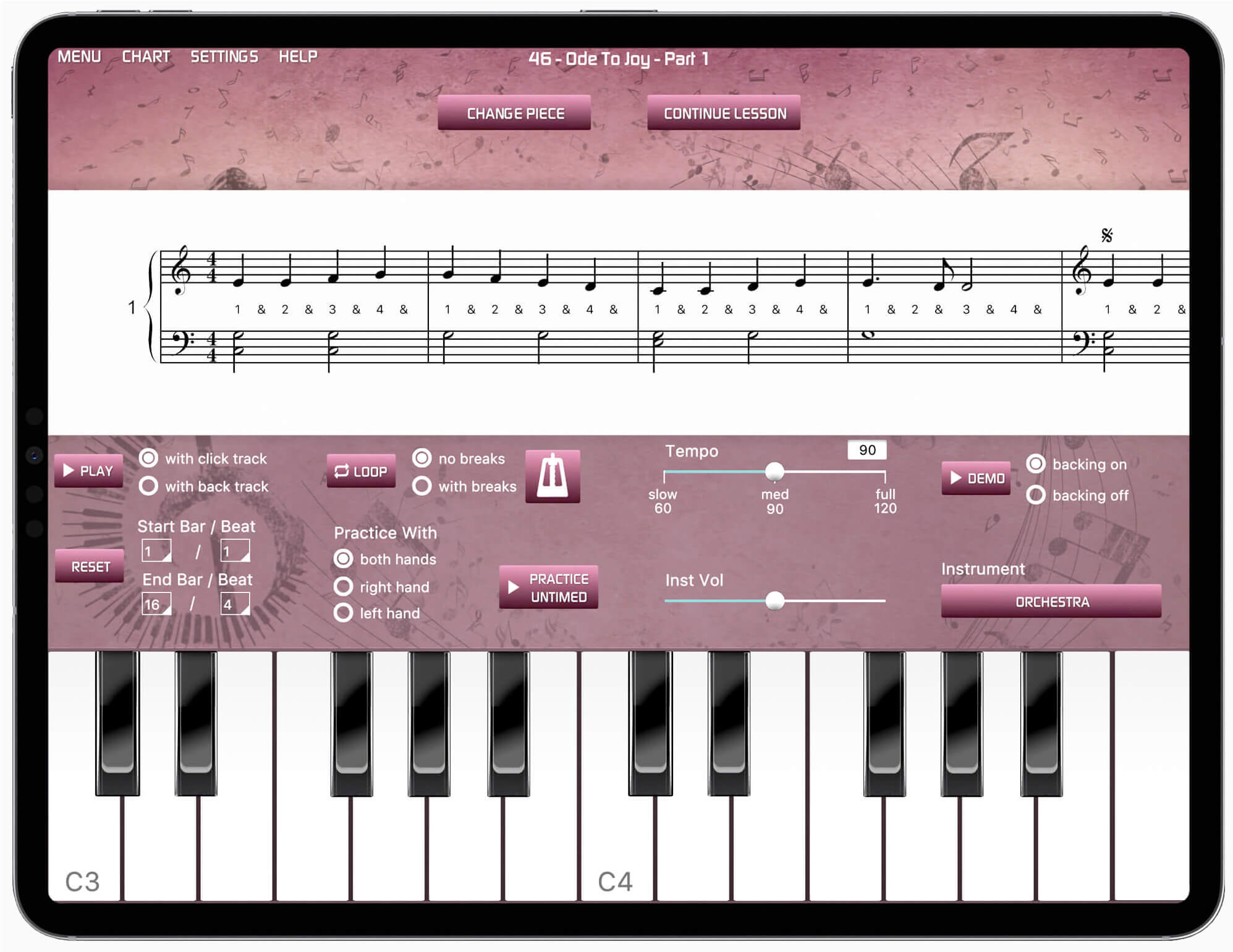 iPad with Musiah app showing the online piano keyboard in the app